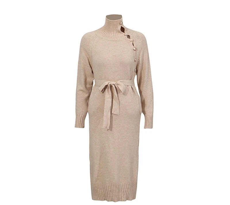 

Temperament Medium Long Skirt 2025 New Fashionable High Collar Long Sleeve Lace Design Knitted Dress