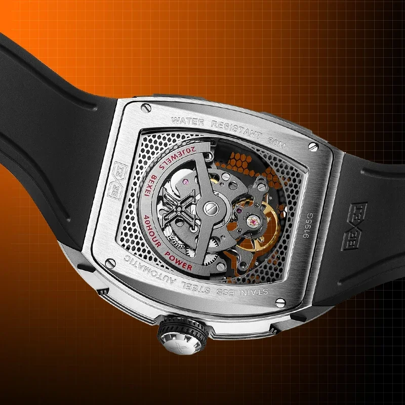 BEXEI 2025 ساعة تونيو على شكل برميل هيكل عظمي قرص حركة ميكانيكية أوتوماتيكية للرجال ساعة عمل مضيئة من الياقوت