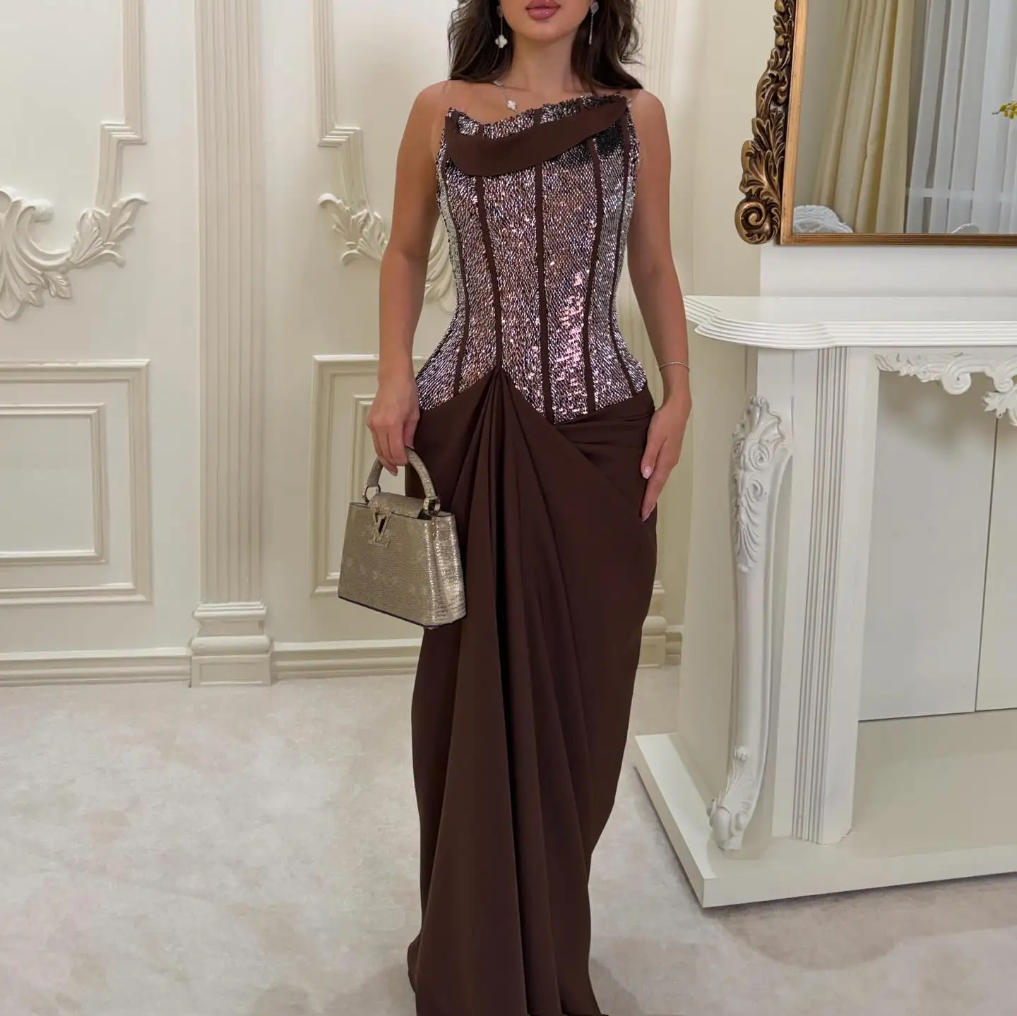 Aunber Shining Women's Formal Evening Gowns Strapless Handmade Beads Luxurious Prom Dresses Evening Dresses Customized