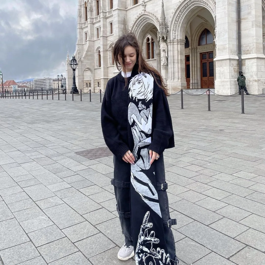 Fashion Y2K Double sided scarf Versatile Japanese Anime striped knitted women\'s scarf men\'s winter scarf black tassel scarf