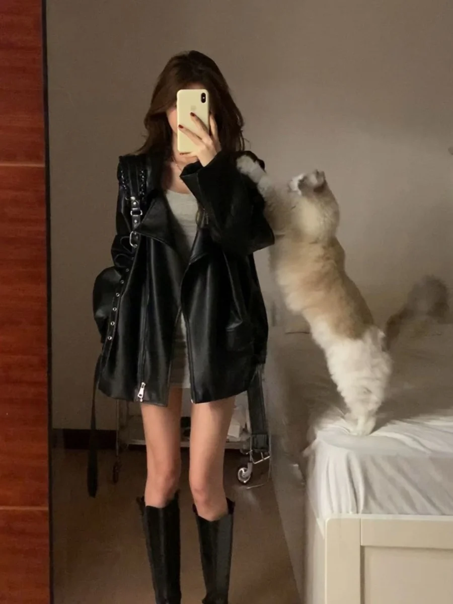 

Bla PU Leather Jaet Women's Autumn Winter Motorbike Sle Korean System Design Sense Suit Collar Outerwear Top