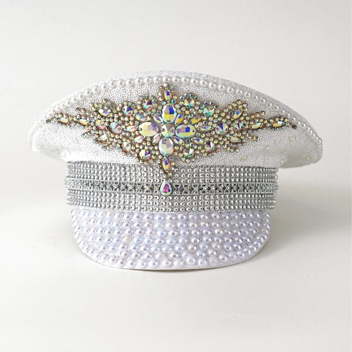 신부 파티 모자, 화이트 라인스톤, 진주 챙이 상감 원석, 여성 럭셔리 무대 모자