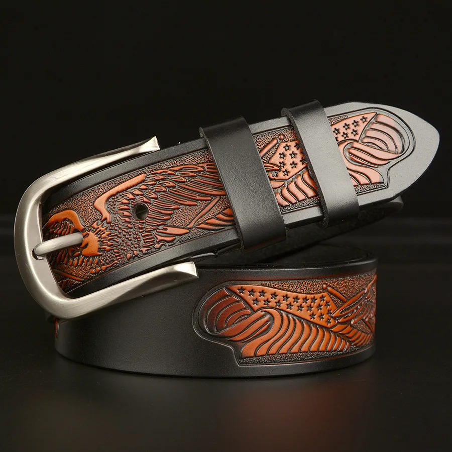

High-quality Men's Cowhide Belt Eagle Carved Genuine Leather Belt Men's Personalized Casual Needle-button Jeans Belt