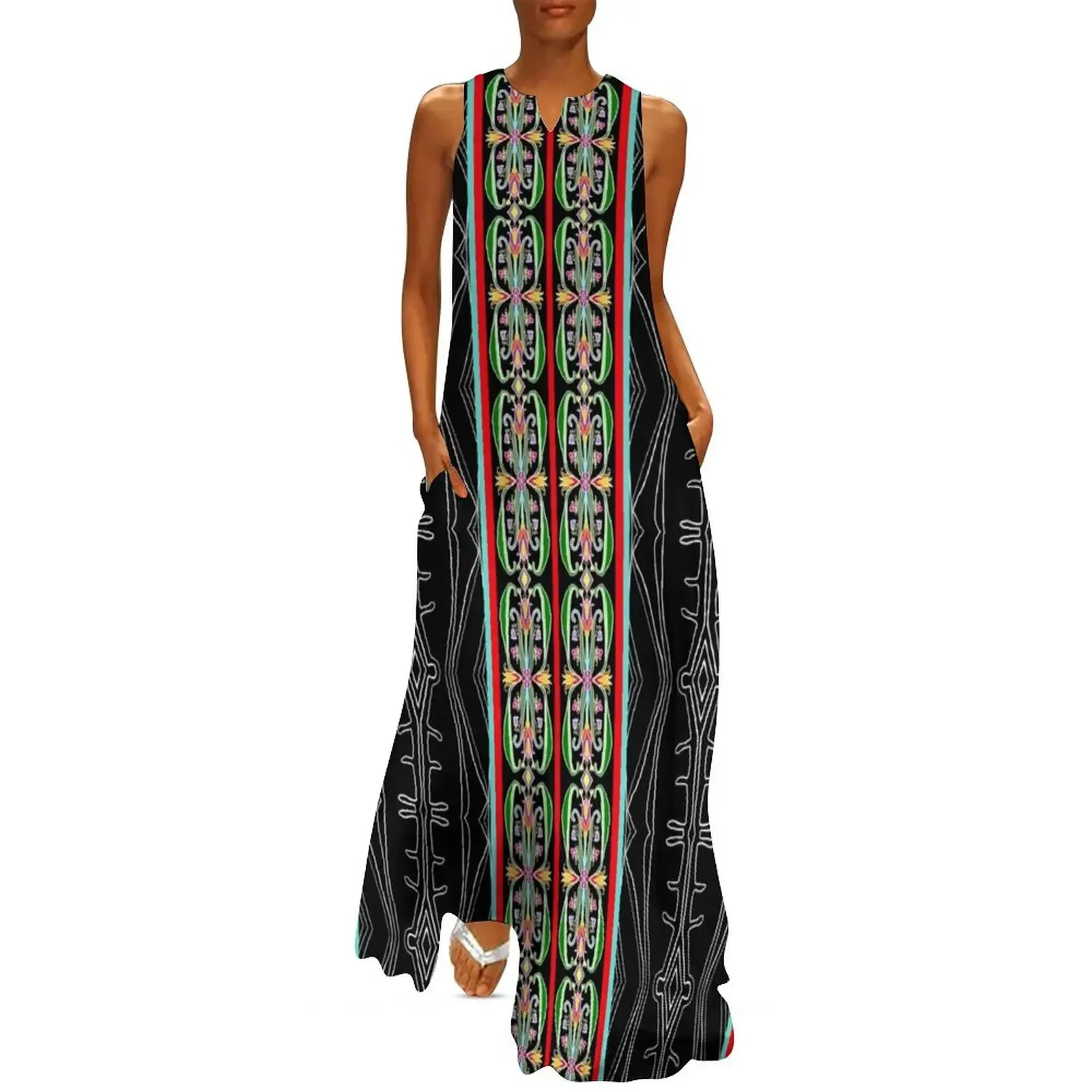 

Anishinaabe Floral Ribbonwork Strip on Black Abstract Long Dress dresses summer summer women's dress 2025 summer dresses Dress