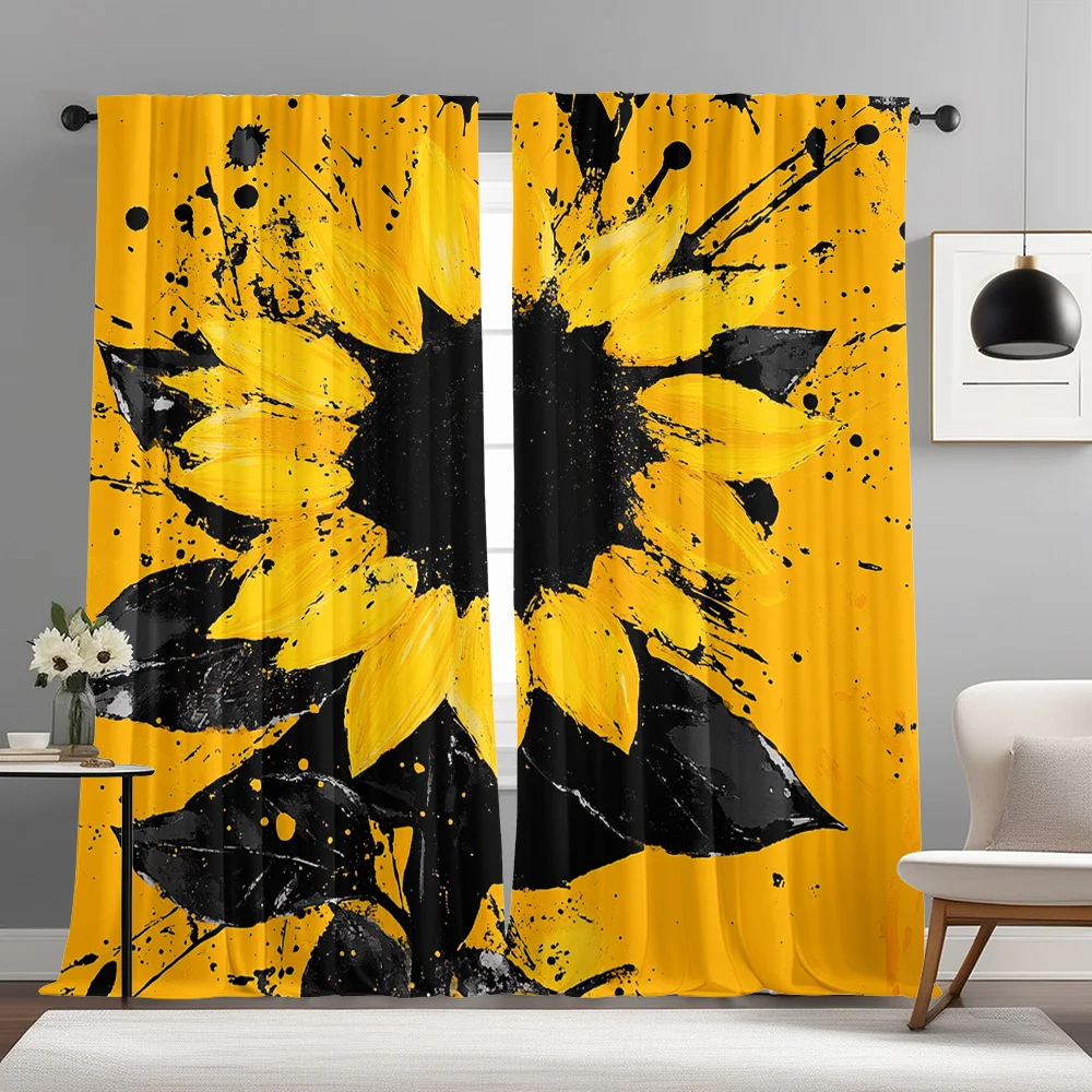 2pcs Sunflower Art Pattern Curtains in a Sunny Style, Featuring a Minimalist Artistic Design with Rod Pockets, Suitable for Home