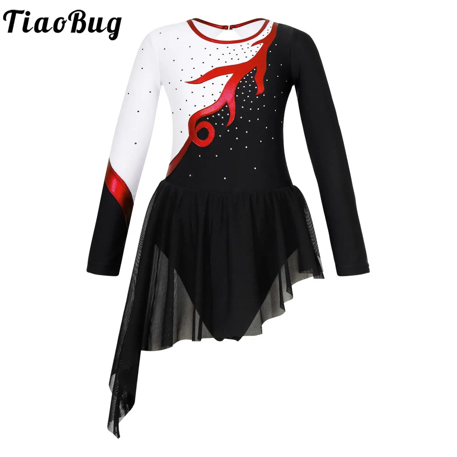 

Kids Girls Long Sleeve Figure Skating Dress Rhinestone Mesh Splice Asymmetrical Hem Ballet Gymnastics Dance Leotard Dancewear