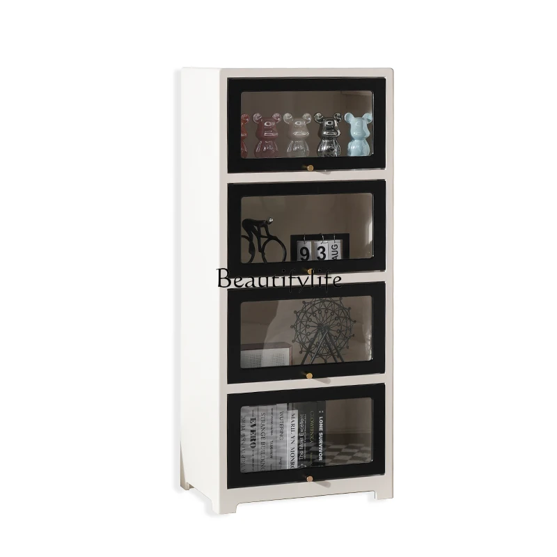 

Cream Style Display Dust-Proof Bookcase Living Room Display Multi-Layer Floor Storage Lockers with Glass Door