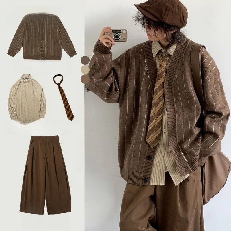 

Men's V-ne Knitted Sweater Set Casual Striped Open Cardigan Coolmax Fiber Autumn Winter Neutral Sle Retro College Sle