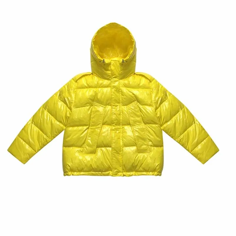 Candy Color Short Puffer Jacket Korean Hooded Shiny Down Jackets Orange Yellow Drawstring Long Sleeve Winter Parkas Female Coat