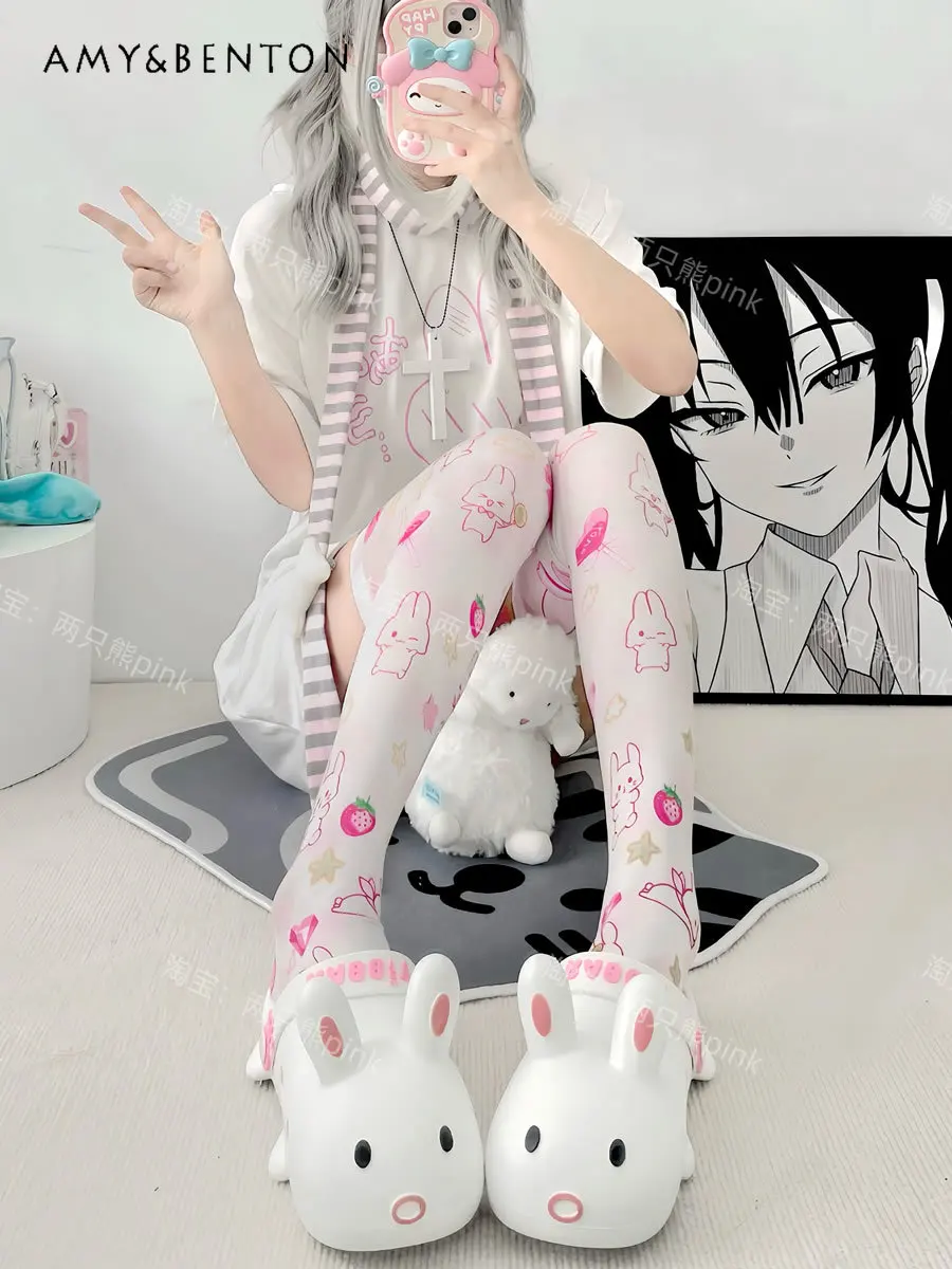 Spring and Summer Thin Cute Velvet Long Socks Lolita Style Cartoon Print Thigh High Stockings Cos Animation Stockings Sexy