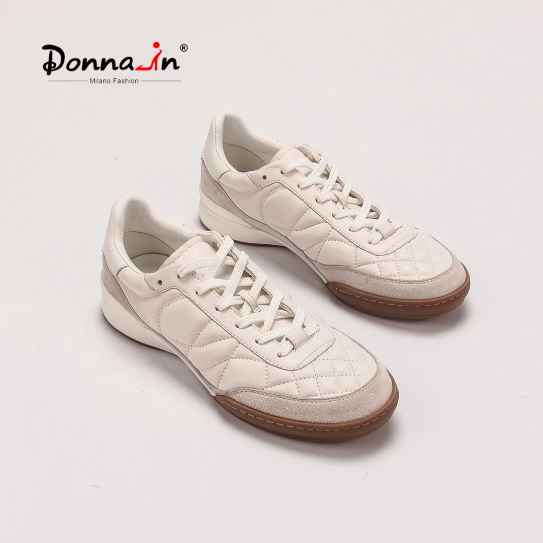 Donna-in Sheepskin White Shoes Women Sneakers Luxury Lamb leather Stitching Suede Diamond Suture Round toe Female Baseball shoes