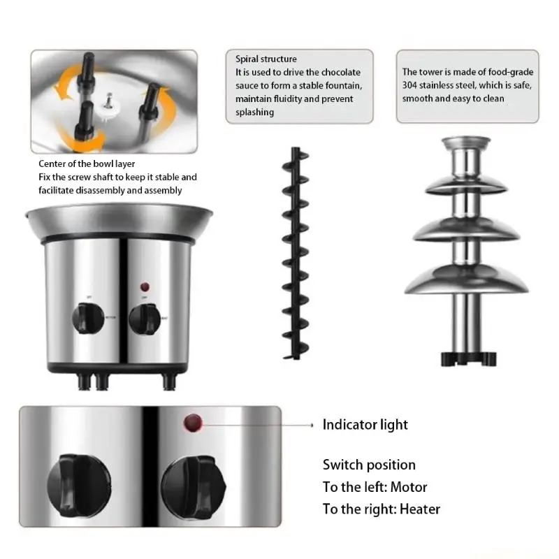D0AB Stainless Steel Chocolate Fountain with Stable Base for Restaurants and Homes Portable Large Capacity Melting Tower
