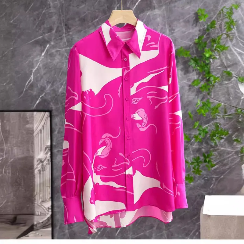 

Twill Geometric Floral Rose Red Mid-length Shirt Top Women Camisas Shirts