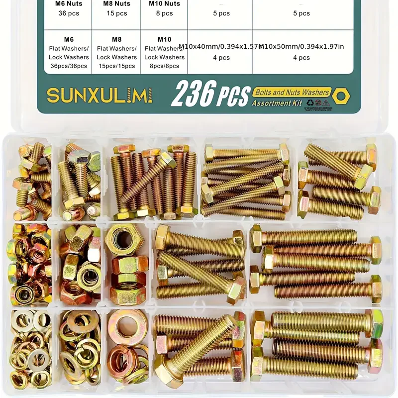 

236 sets are set for high-performance screws and nuts M6, M8, M10, alloy steel, grade 8.8, hexagonal screws, nuts and washers