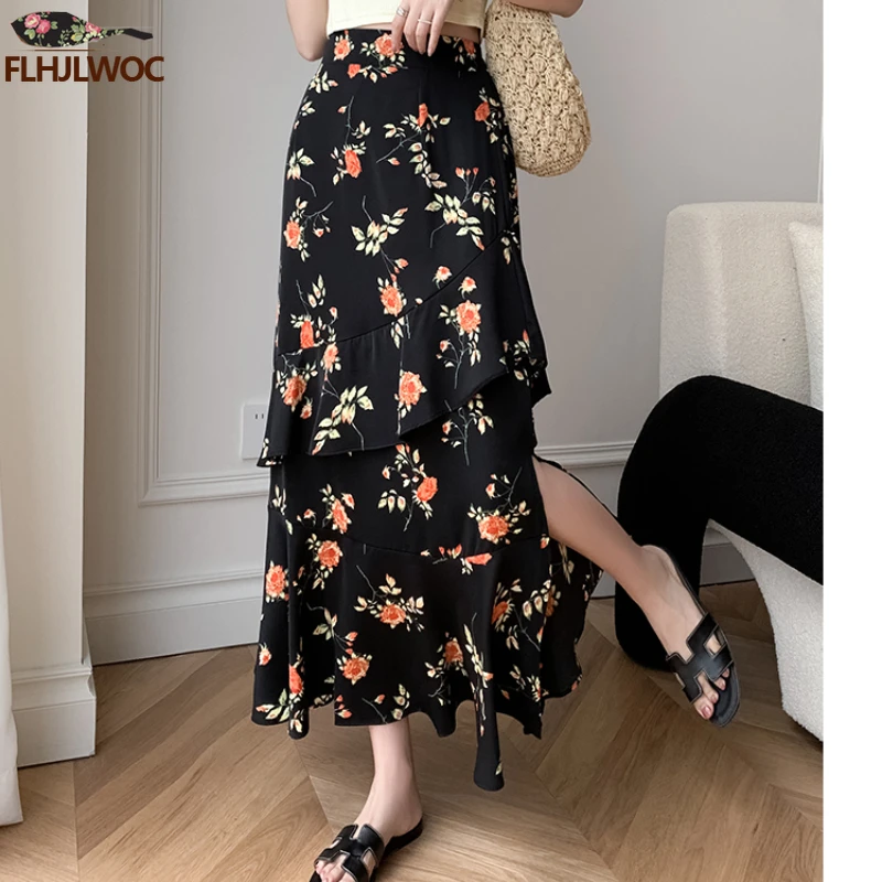 2023 Chic Korea Clothes Summer Women Cute Sweet Girls Floral Robe Holiday Date High Waist Retro Vintage Layer Ruffle Long Skirts