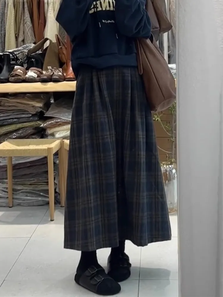 Retro Japanese Style Plaid Woolen  Skirt Women's Autumn Winter High Waist Slimming Versatile Mid-Length A-Line Skirt