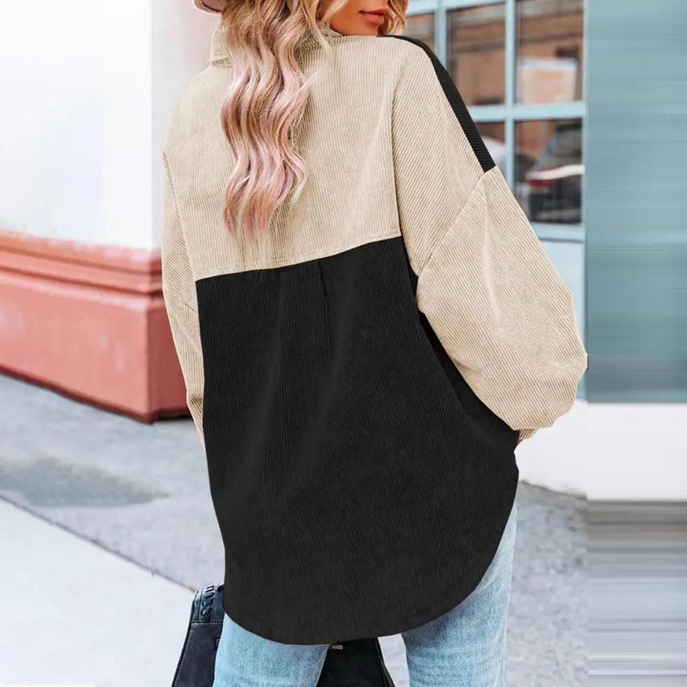 Single-breasted Coat Stylish Women's Corduroy Coat with Color Block Design Loose Fit Lapel Long Sleeve Jacket for Casual Wear