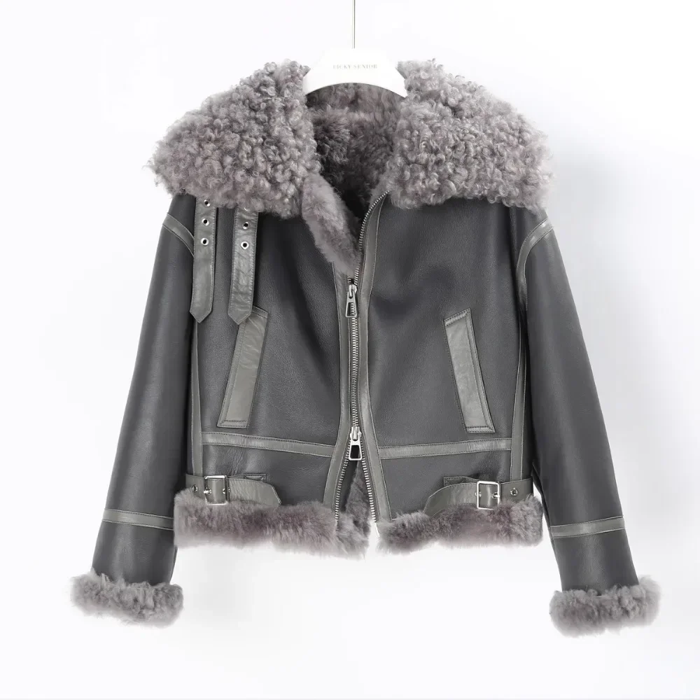 Wholo Leather Bazaar Short Warm Coats Women\'s Motorcycle Leather Jackets 2024 Winter Jacket Women Nature Lamb Real Fur Coat