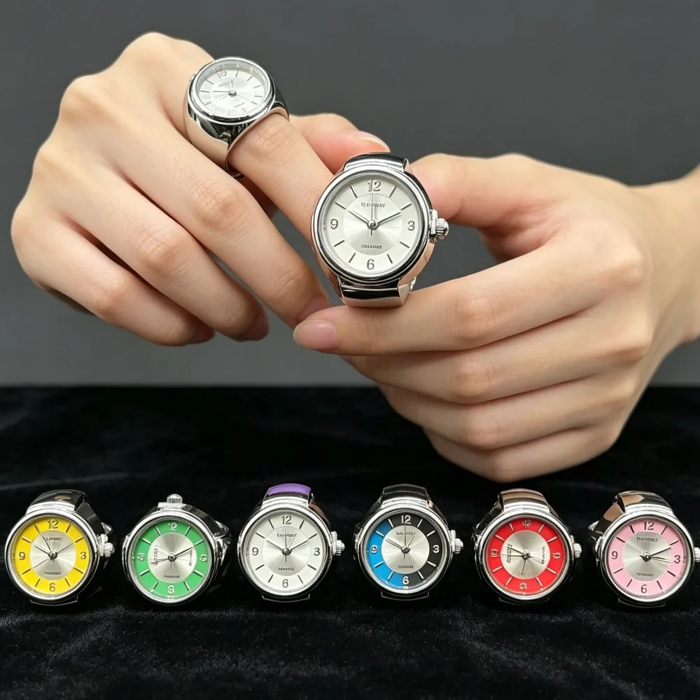 Goth Punk Mini Quartz Finger Ring Watch Elastic Stretchy Vintage Clock Ring for Women Men Party Jewelry Gift