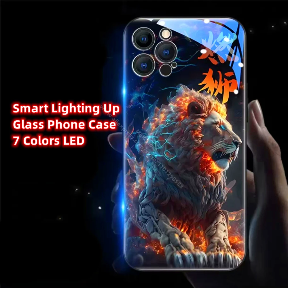 

Luxury Fire Lion Led Light Phone Case Call Flash Glitter Cover For Samsung S25 S24 S23 S22 S21 S20 FE Note 10 20 Plus Ultra A54