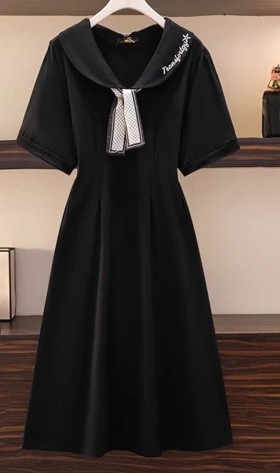 Large Size Women Summer New Fashion Long Black Short Sleeve Dress Sweet Peter Pan Collar Age-reducing Bow Tie High Waist Dresses