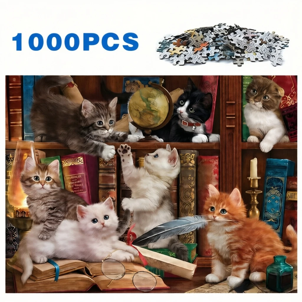 Library Kittens Jigsaw Puzzle, Multiple Cute Cats on Bookshelf, Vintage Study Room, Adorable Pet Scene, Adult Art Puzzle Gift, 5