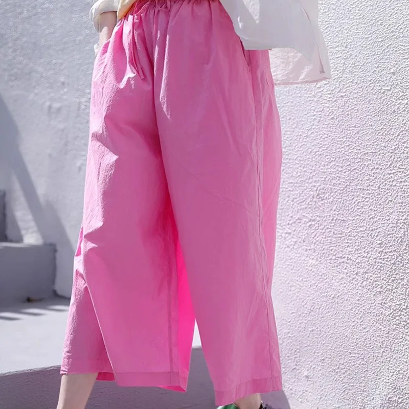 

2025 Summer New Arts Style Women Elastic Waist Loose Calf-length Pants All-matched Casual 100% Cotton Pink Wide Leg Pants B267