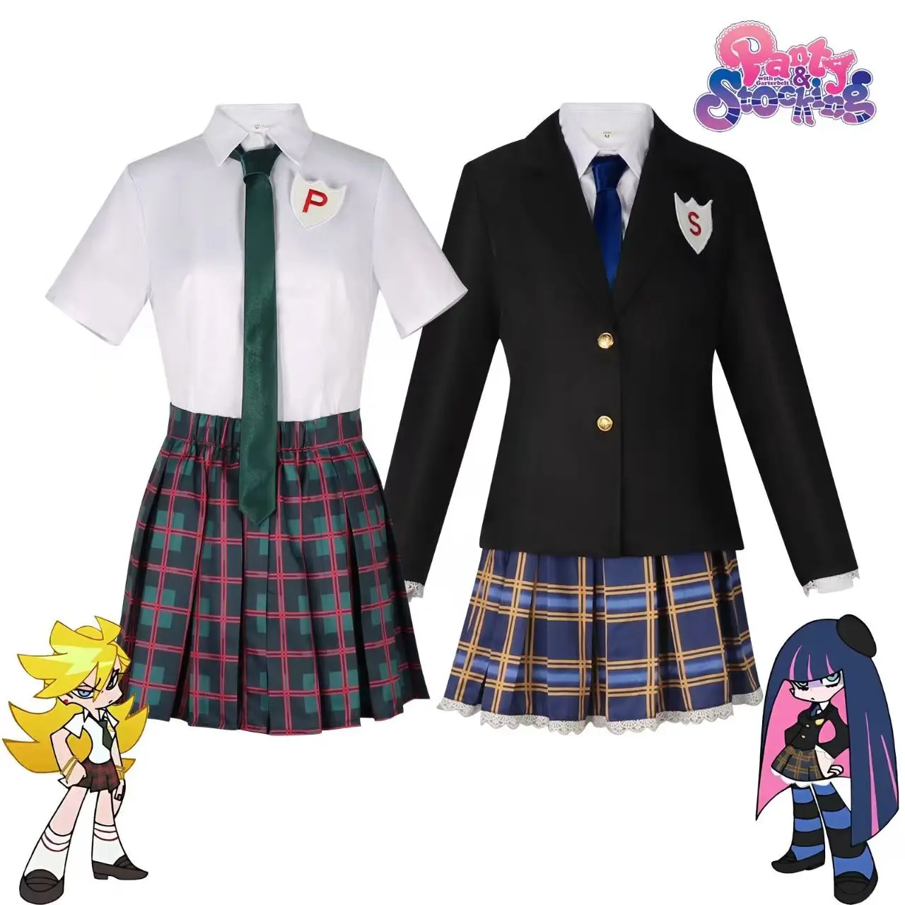 

Anime Thong Stockings Angel Pandi Story Scarf School Uniform Cosplay Outfit PantyStocking Schoolgirl Full Halloween Costume Wig