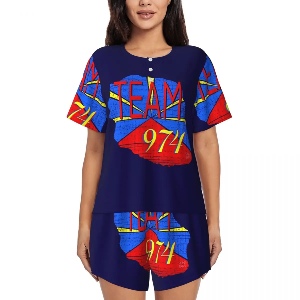 

974 Reunion Island Logo Round Neck Short Sleeves Nightdress for Sleeping Sleepshirts Women Loose Pajama Set Short Pants
