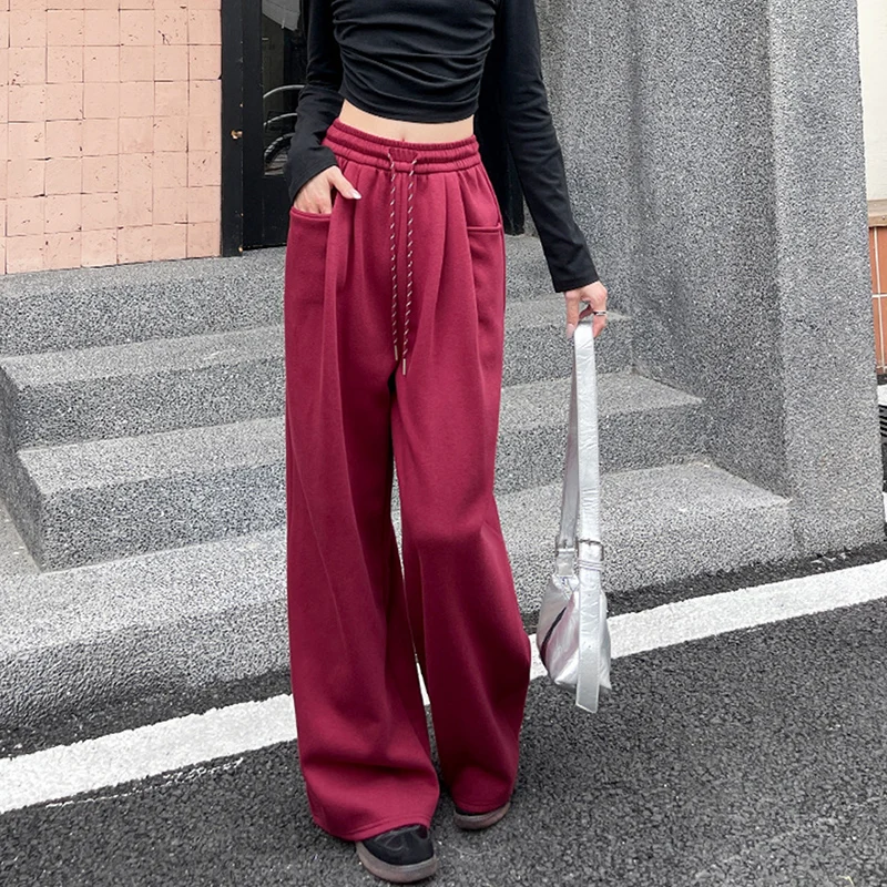 

Women's Fashion Solid Color Floor Trousers Baggy Versatile Drawstring Wide-Leg Pants American Style Hip Hop Straight Pants Mujer