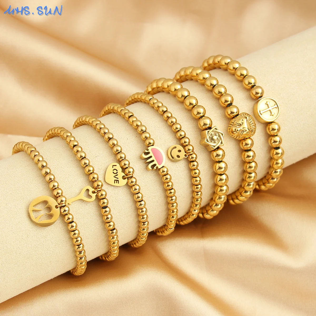 SUNSLL Classic 4MM Gold Plated Elastic Stainless Steel Bracelets For Women Men 2024 Heart/Angel/Cross Charm Handmade Jewelry