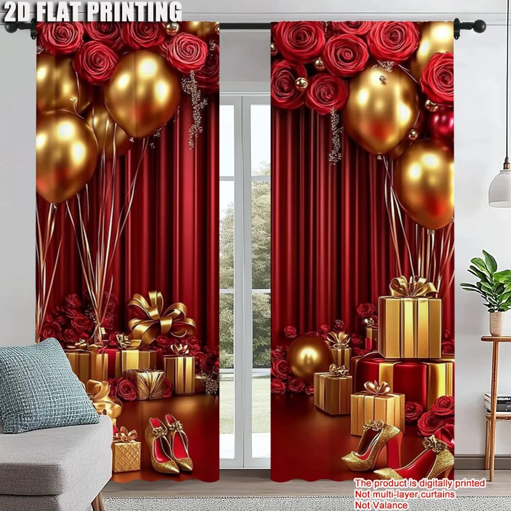 

2Pcs Red Rose And Gold Balloon Window Curtains Beautiful Window Treatment For Bedroom Office Kitchen Living Room Study And Home