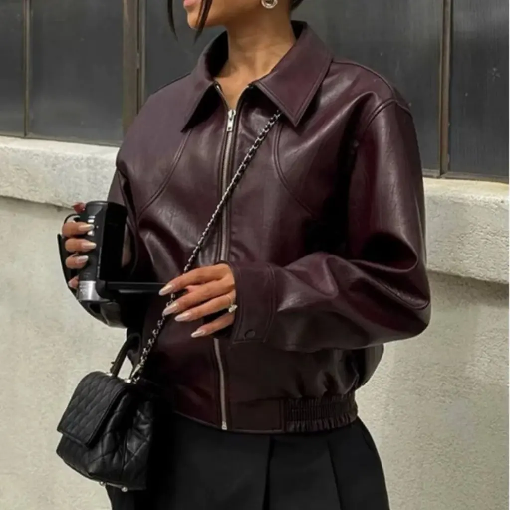 

American Style Simple Flip Collar Zipper Leather Jacket Women's Outerwear Fashionable Elegant Design Factory Direct Sale