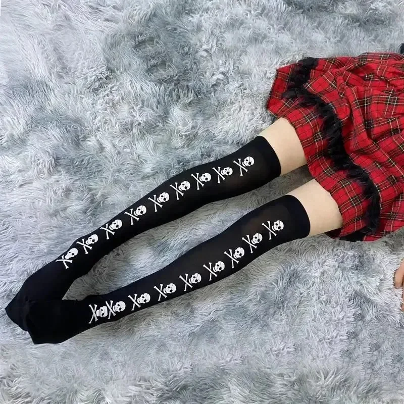 Gothic Skull Bat Long Sexy Stockings for Women Spider Web Harajuku Emo Alternative Thigh High Tights Lingerie with Garters dark
