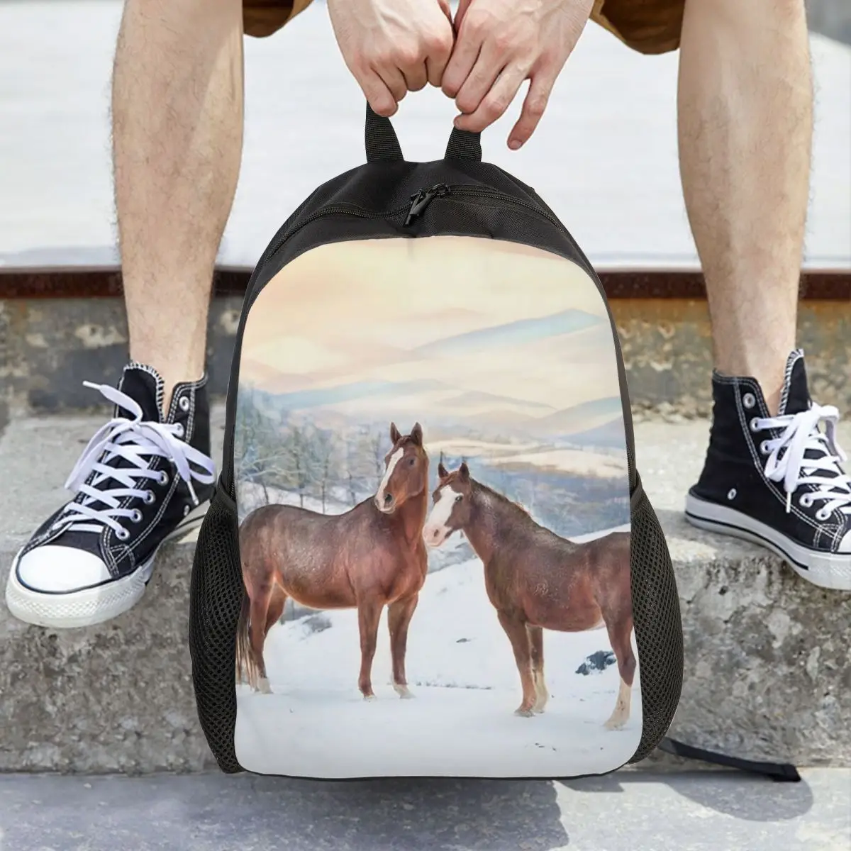 Horses With Snow And Sunset Hills Backpack Daypack Large Capacity Kids BookBag School Bag Shoulder Bags for Men Women