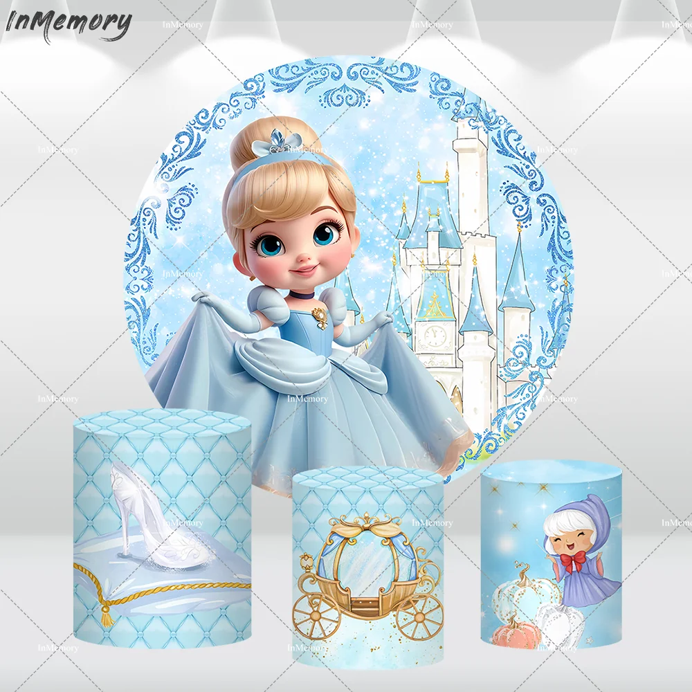 

Princess Cinderella Round Backdrop for Birthday Party Supplies Decor Blue Castle Baby Shower Circle Banner Carriage Plinth Cover