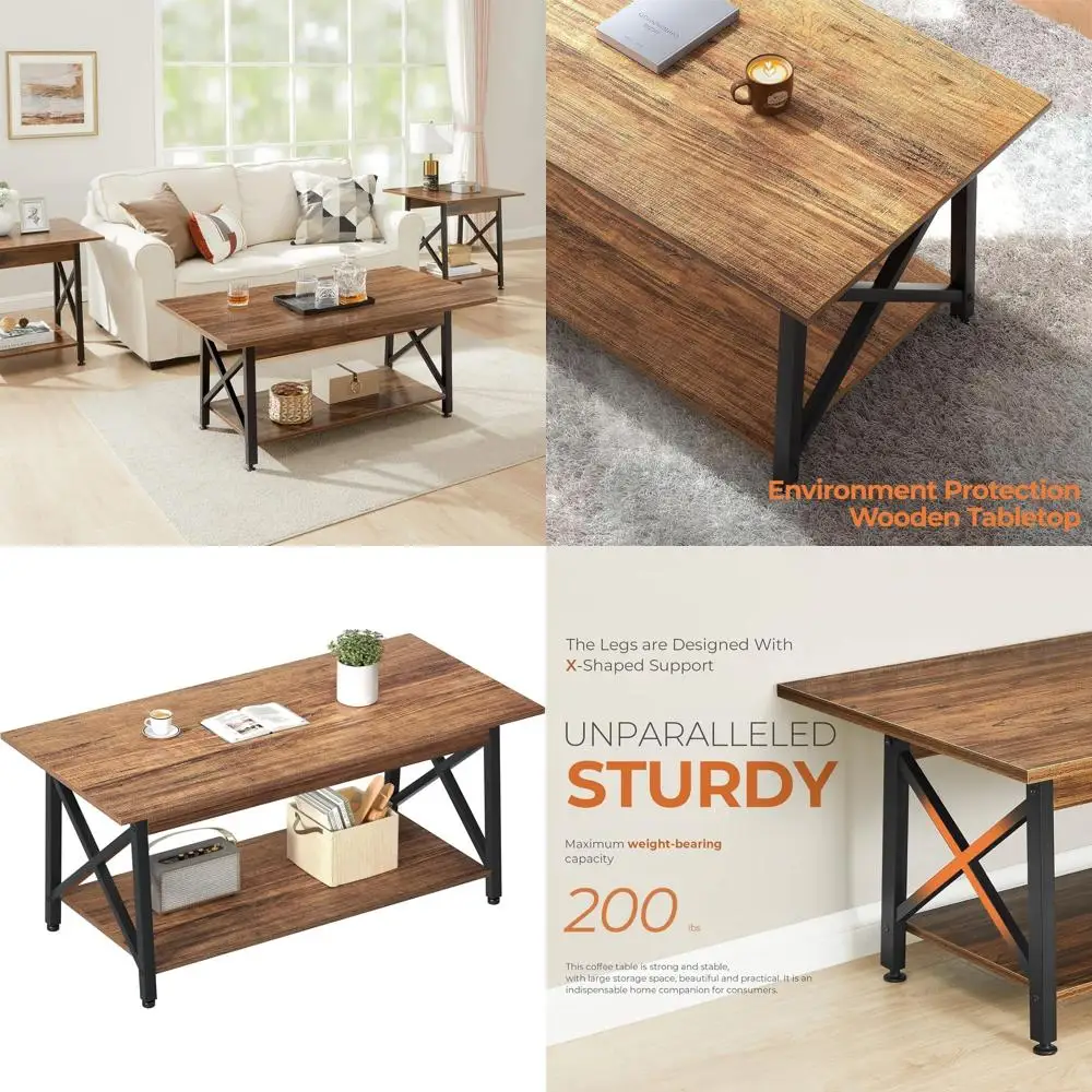 

Large 43 Modern Walnut Coffee Table with Storage, X-Frame Design for Space-Saving Living Room