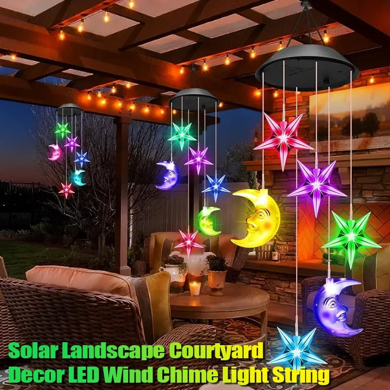 LED Solar Wind Chime Light Garden Stars Moon Wind Chime Lamp Colorful Waterproof Hanging Solar Light for Garden Yard Home Decor