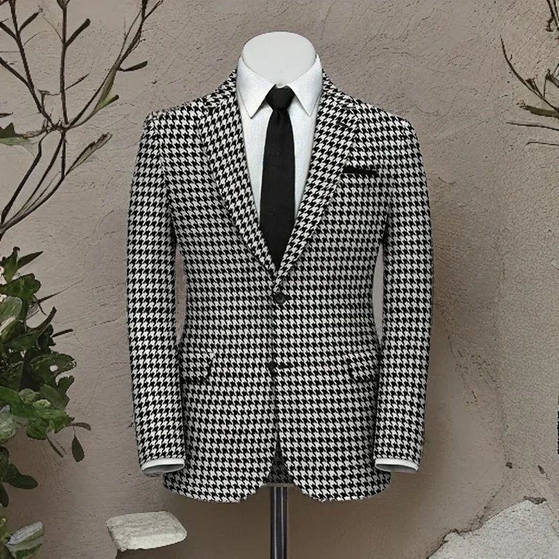 American Style Plaid Formal Men Suit Jacket for Wedding Groom 1 Piece Notch Lapel Slim Fit Houndstooth Male Tuxedo Blazer 2024