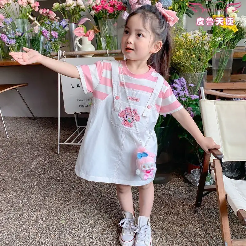 

Sanrio Kawaii платье из двух частей на бретельках с короткими рукавами, платье высокого качества для девочек, детская летняя модная юбка в новом стиле