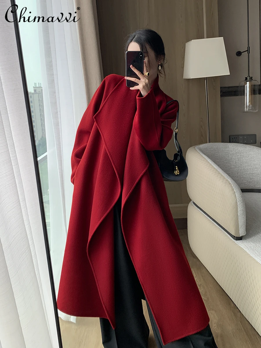 

High-End Red Double-Sided Wool Overcoat Women's Autumn and Winter New Hepburn Style Long Sleeve Lacing Mid-Length Woolen Coat