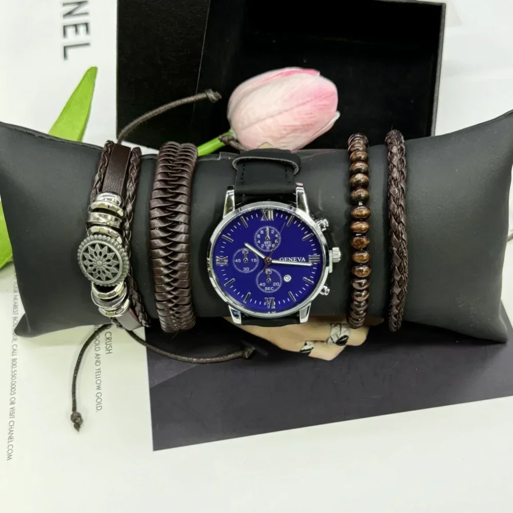 5ชิ้นนาฬิกาควอทซ์แฟชั่นลำลองแบบเรียบง่ายนาฬิกาควอทซ์แบบตาข่ายผู้หญิงกล่องนาฬิกาสแตนเลสรวมสำหรับงานธุรกิจกลางแจ้ง