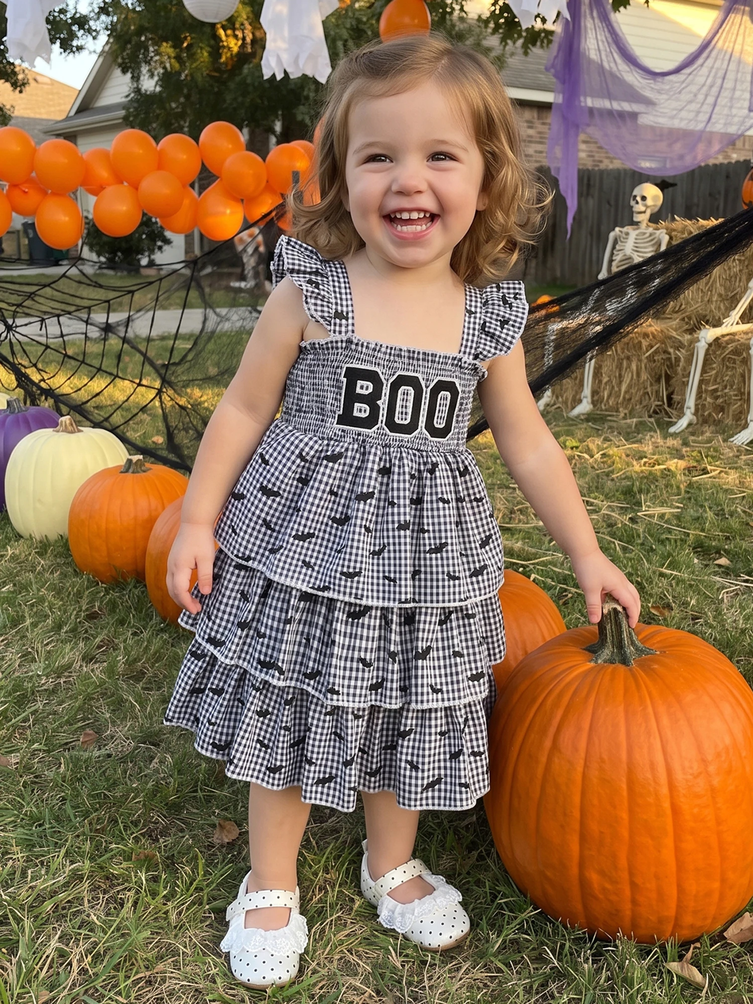 Flying Sleeve Ghost Layered Little Girl Halloween Dress Plaid Dress Plaid Bat Flying Sleeve Layered Little Girl Halloween