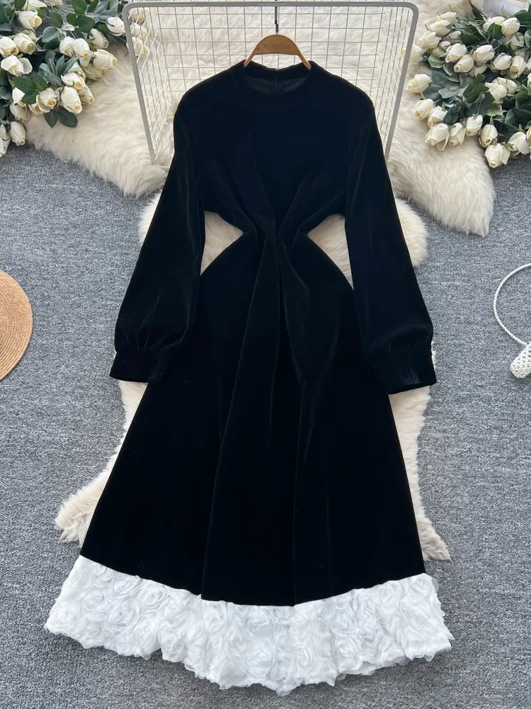 กระโปรงยาวทรงเอเอวสูงลายปะติดสำหรับผู้หญิง รุ่นใหม่ล่าสุดประจำฤดูใบไม้ร่วง พร้อมสายผูกเอว