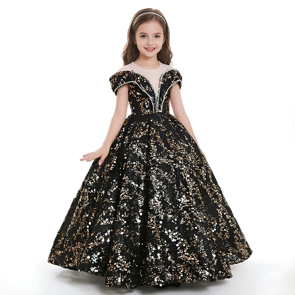 Luxury Girls Pageant Dress Off Shoulder Black Sequined Princess Birthday Ball Gown Formal Kids Evening Party Dress Open Back