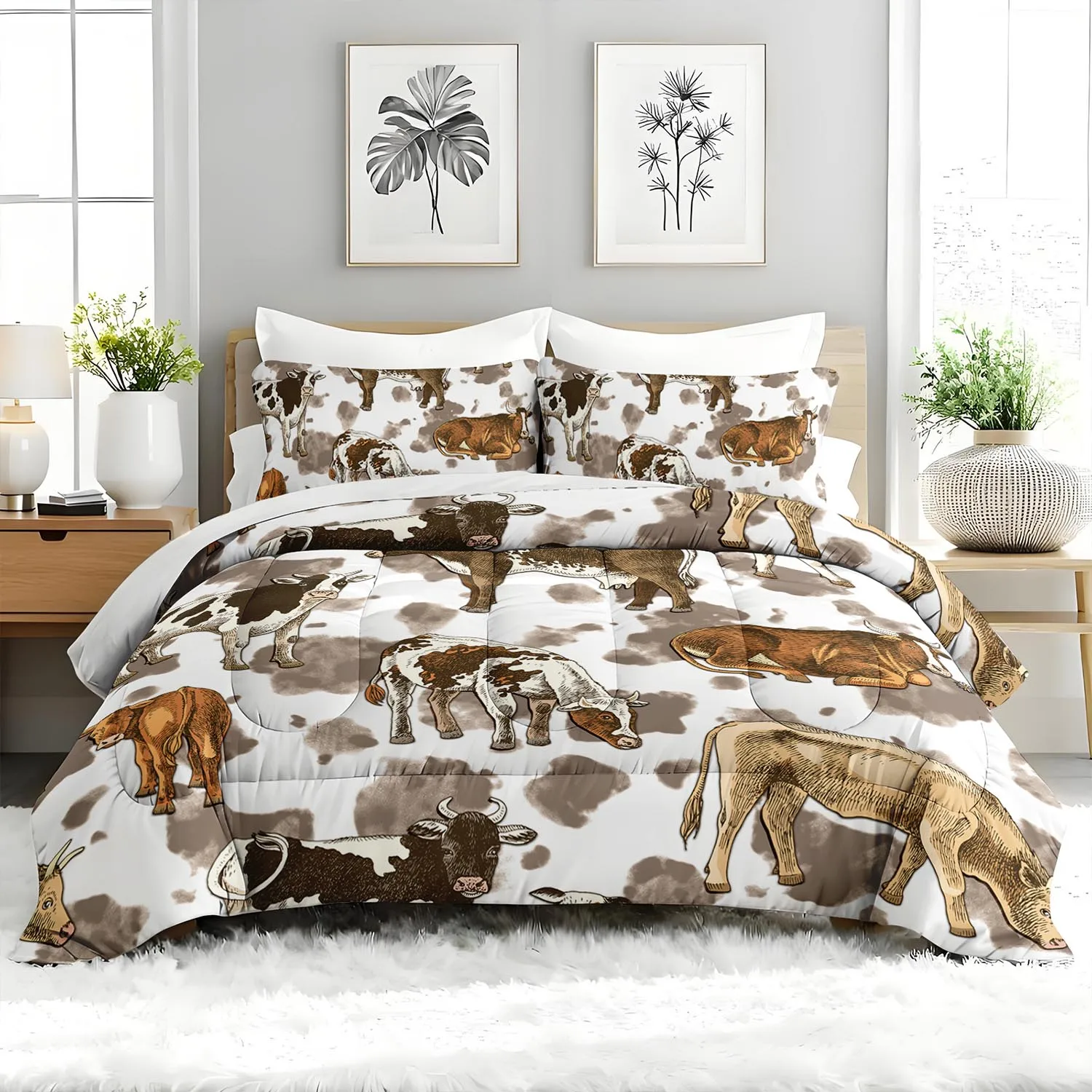 

3PC Farm Animal Comforter Set， Cute Cow Bedding Set， Cattle Duvet Set with 2 Pillowcases Farmhouse For Bedroom or Guest Room Dec