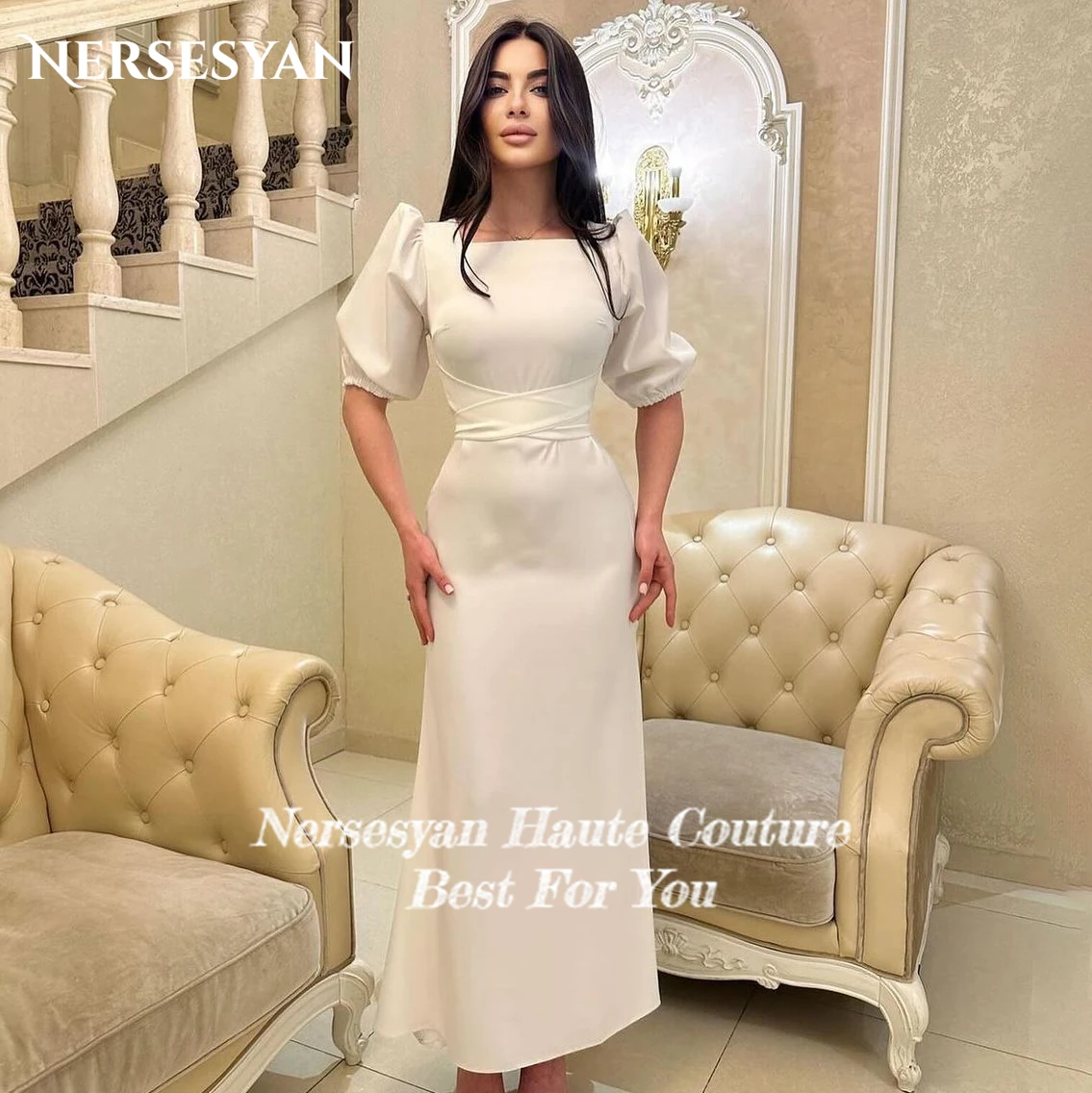 Nersesyan-Vestidos De Noiva De Cetim Elástico, Vestidos De Casamento Com Bainha Monocromática, Vestido De Noiva, Colarinho Quadrado, Manga Curta Puff, Plus Size, Elegante, Monocromático