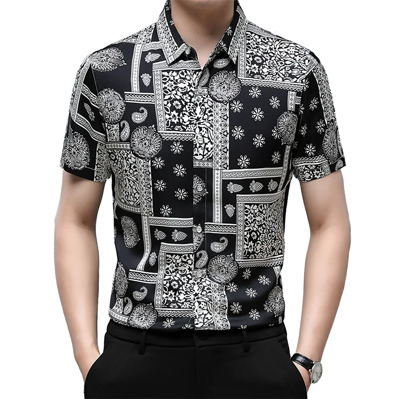 High Quality Mens New Silk Clothing Summer Fashion Printing Tops Short Sleeve Blouse Male Soft Silk Dress Shirts