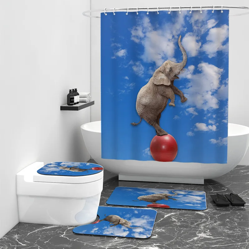 Funny Elephant 3D Printed Bathroom Set Together Shower Curtain Rug Set Bathroom Mats Rugs Toilet Decor Mat 01