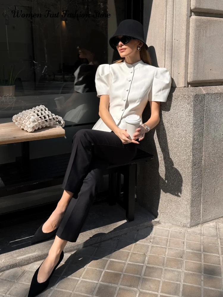 Elegant Single-breasted Short Sleeve Top Women's Solid O-neck Tank Tops Coat 2026 Spring Summer New Ladies High Street Outwear